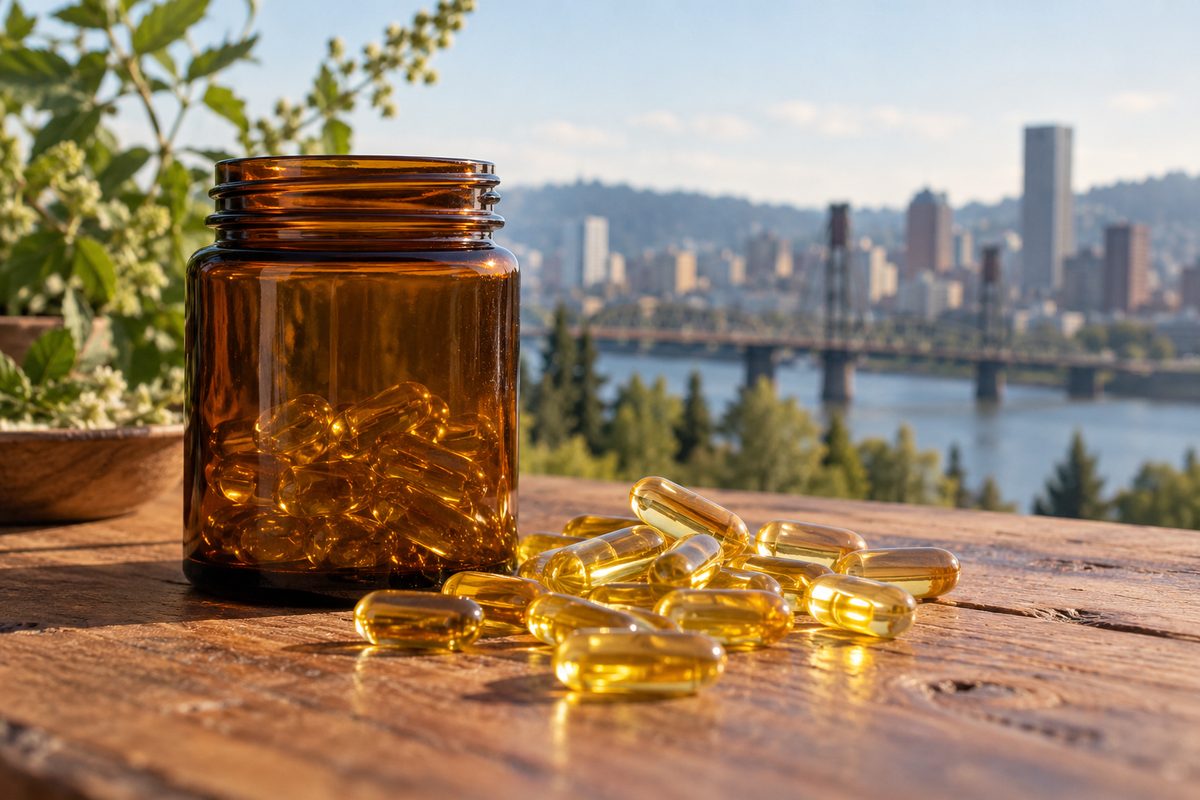 Plant cellulose capsules with botanical oil adjuncts beside amber jar