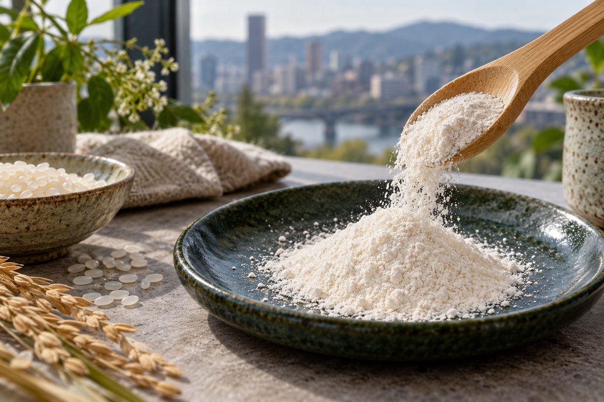 Micro-exfoliating enzymatic cleansing powder on ceramic dish