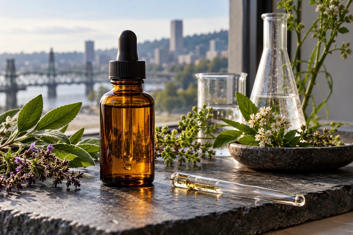 Amber glass dropper bottle and botanical formulation glassware on cool stone surface