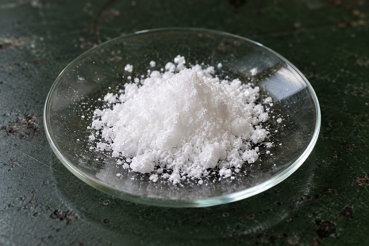 Cosmetic peptide crystals on glass dish prior to solution formulation