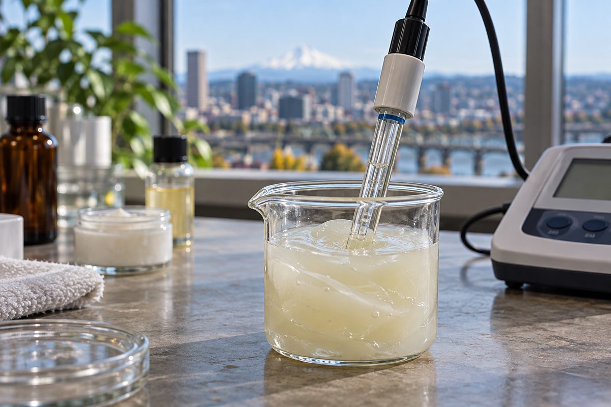 Laboratory digital pH meter testing acidity of cosmetic gel emulsion