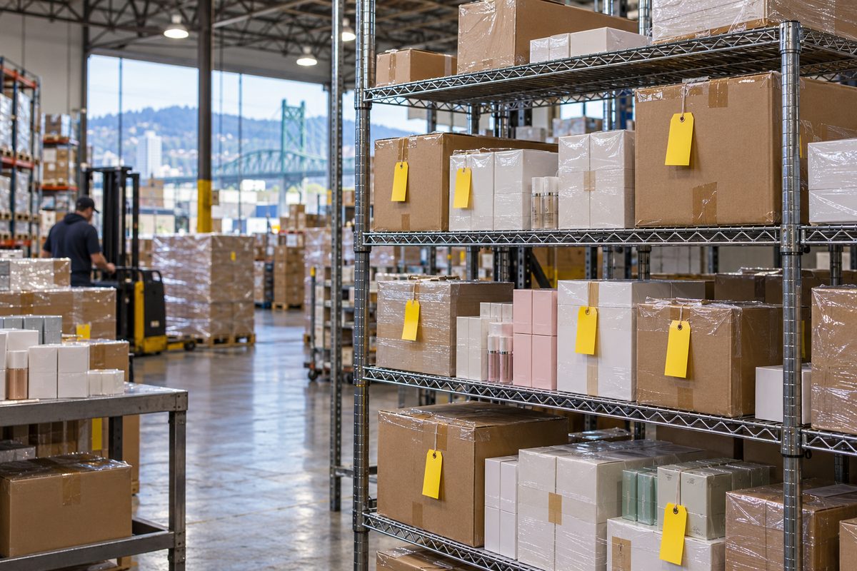 Warehouse quarantine receiving station with inspection tags on commercial cosmetic cartons