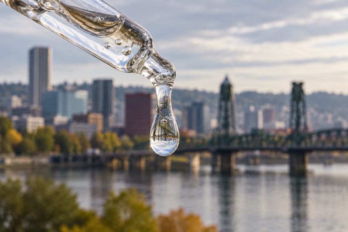 Clear droplet of high-viscosity humectant serum on precision pipette tip