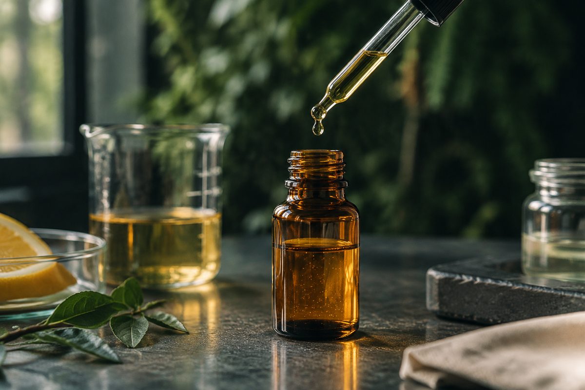 Amber dropper bottle containing stabilized lipid-soluble active serum